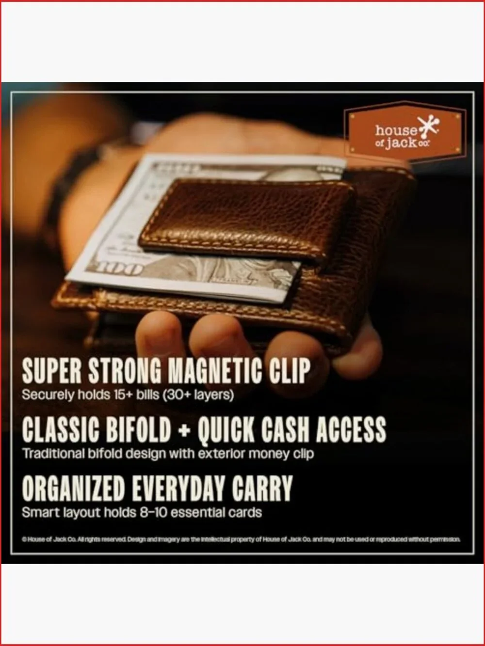 Bifold Money Clip Wallet with Super Strong Magnetic Clip, Full Grain Leather,